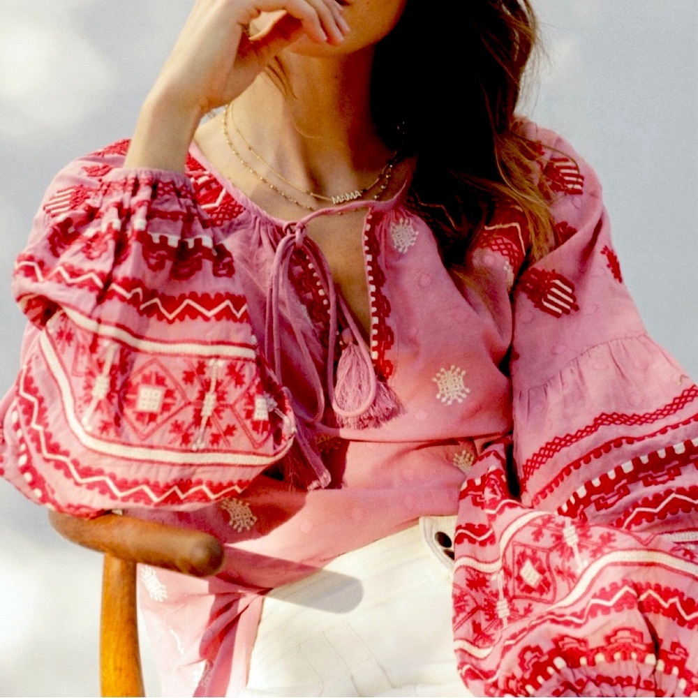Anthropologie Pink and Red Embroidered Blouse